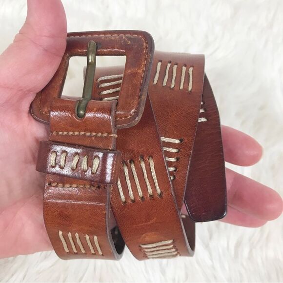 VINTAGE 90s Y2K Whiskey Brown Embroidered Leather Belt Cognac Classic Medium - Picture 3 of 8